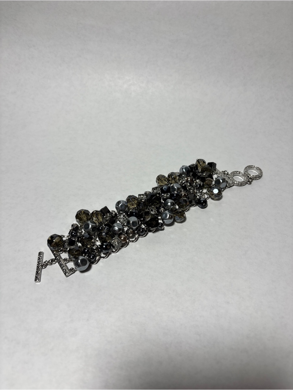 Multi-Strand Smoky Crystal & Gray Pearl Bracelet - Silver Tone